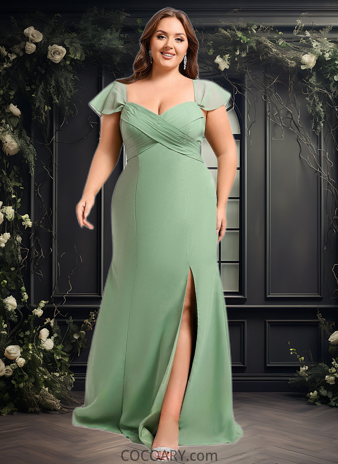 Yesenia Trumpet/Mermaid Off the Shoulder V-Neck Floor-Length Chiffon Bridesmaid Dress DA8P0025810