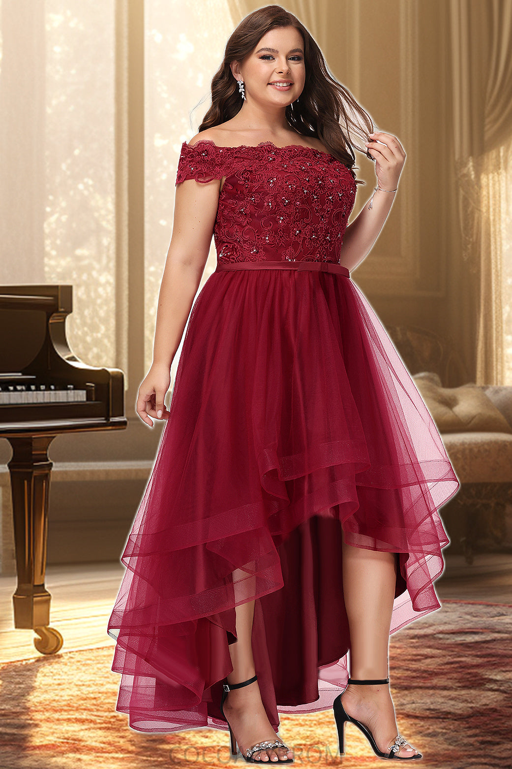 Madisyn A-line Off the Shoulder Asymmetrical Lace Tulle Homecoming Dress With Beading Bow Sequins DA8P0020535