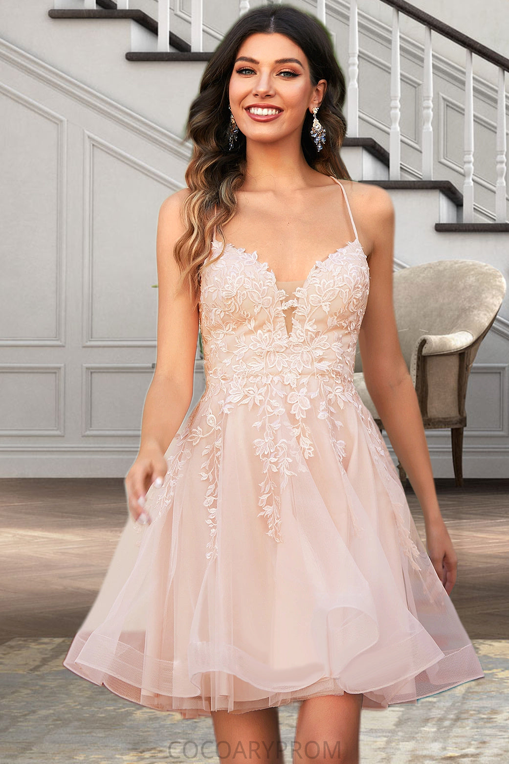 Londyn A-line V-Neck Short/Mini Lace Tulle Homecoming Dress With Sequins DA8P0020500