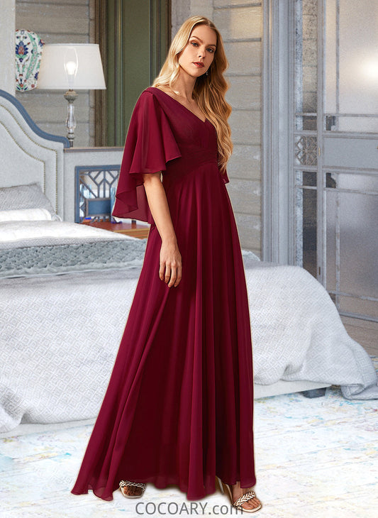 Priscilla A-Line V-neck Floor-Length Bridesmaid Dress With Ruffle DA8P0012769