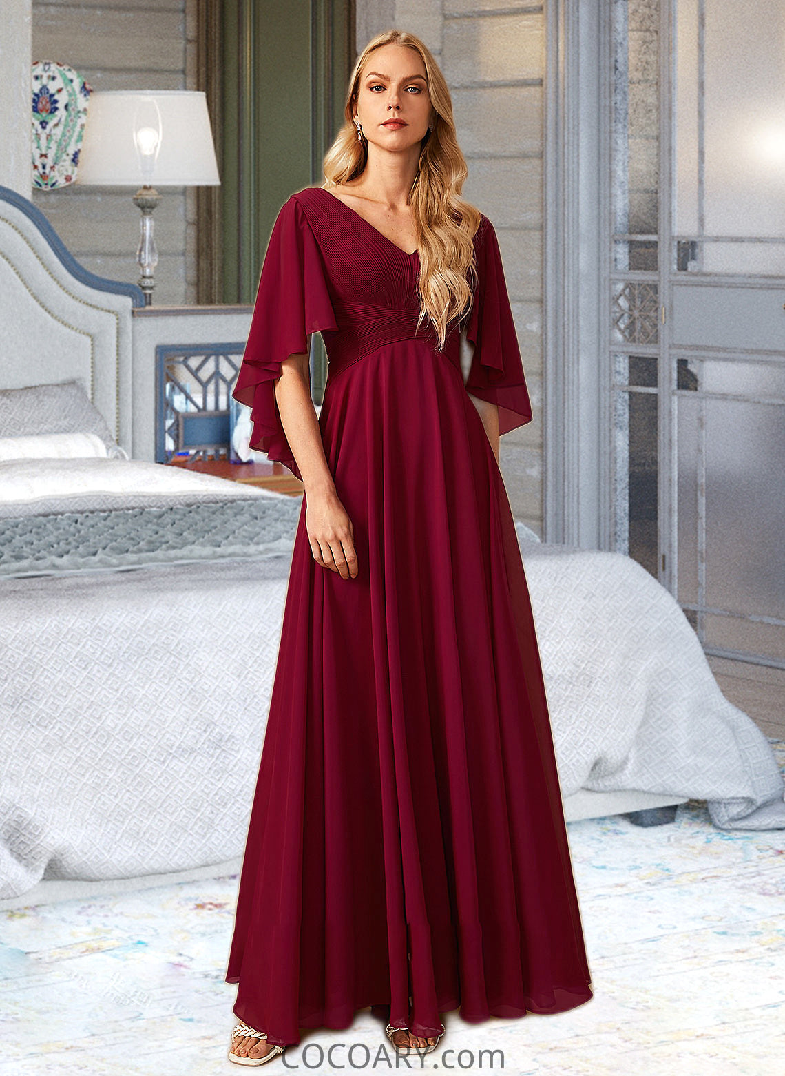 Priscilla A-Line V-neck Floor-Length Bridesmaid Dress With Ruffle DA8P0012769