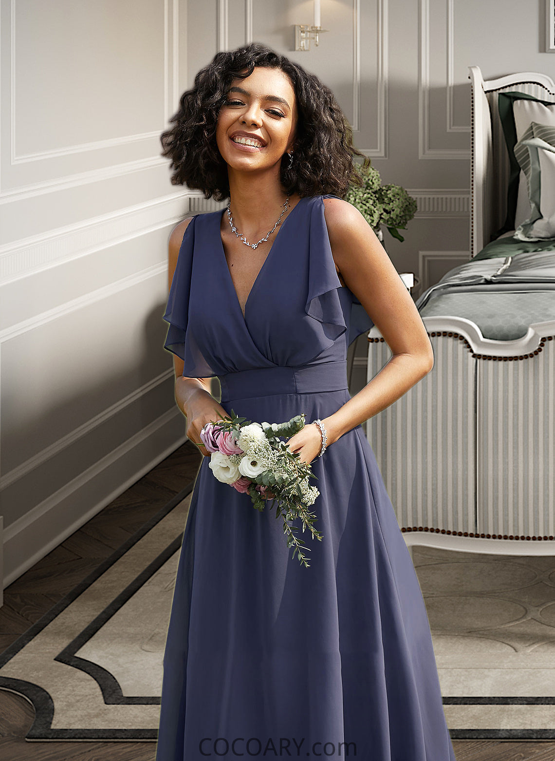 Jamya A-Line V-neck Floor-Length Bridesmaid Dress DA8P0012770