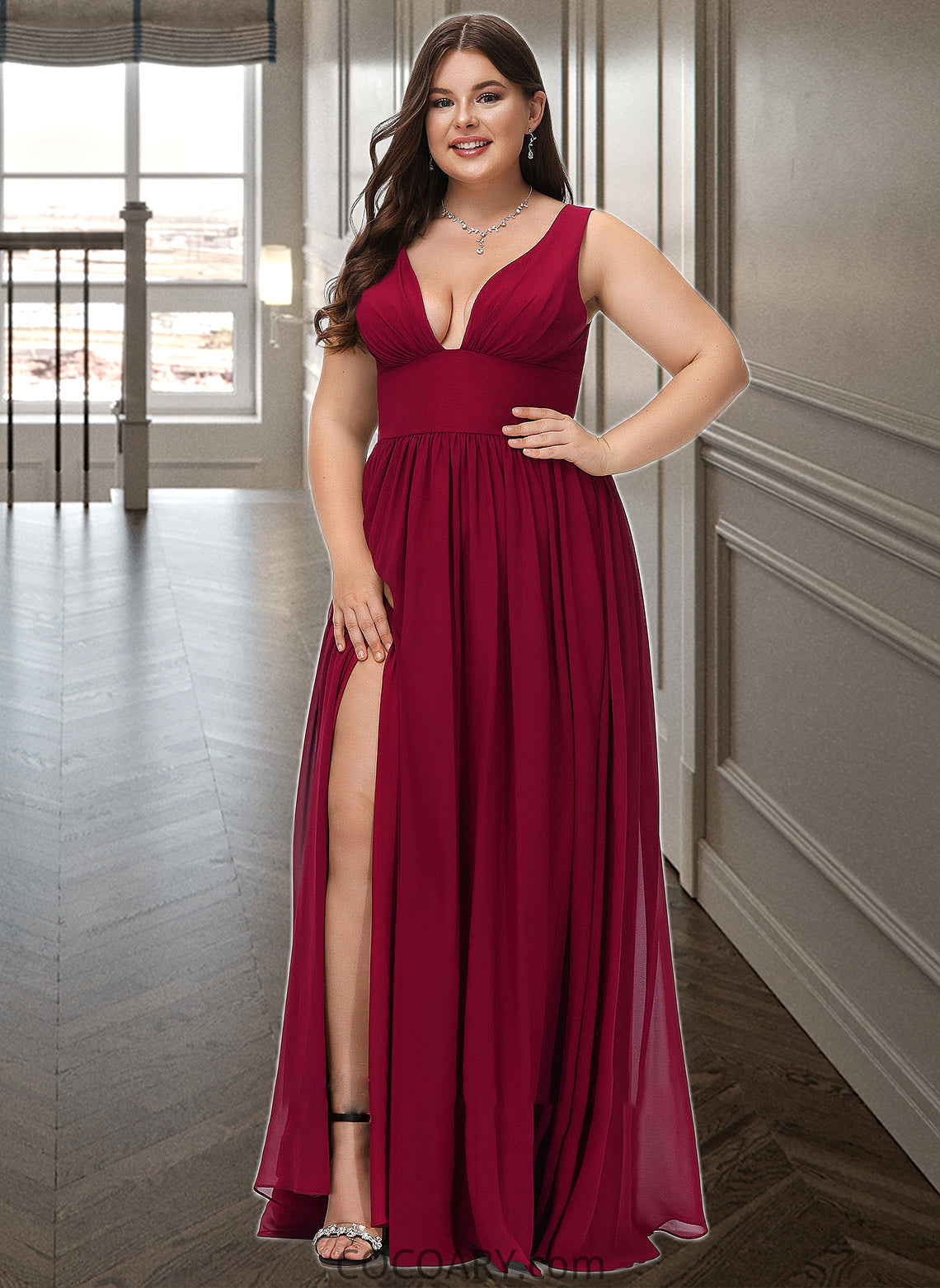 Lilah A-Line V-neck Floor-Length Bridesmaid Dress With Split Front DA8P0012771