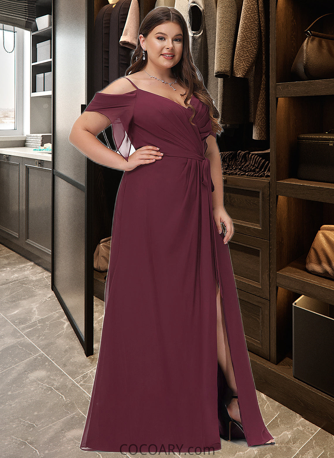 Vivian A-Line V-neck Floor-Length Bridesmaid Dress With Ruffle Split Front DA8P0012772