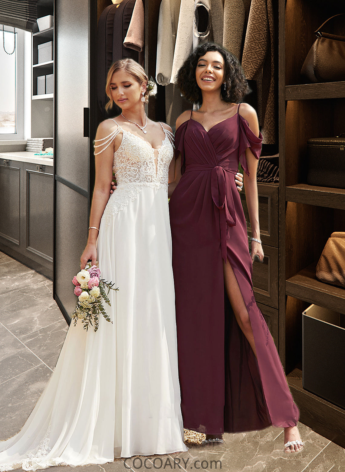 Vivian A-Line V-neck Floor-Length Bridesmaid Dress With Ruffle Split Front DA8P0012772