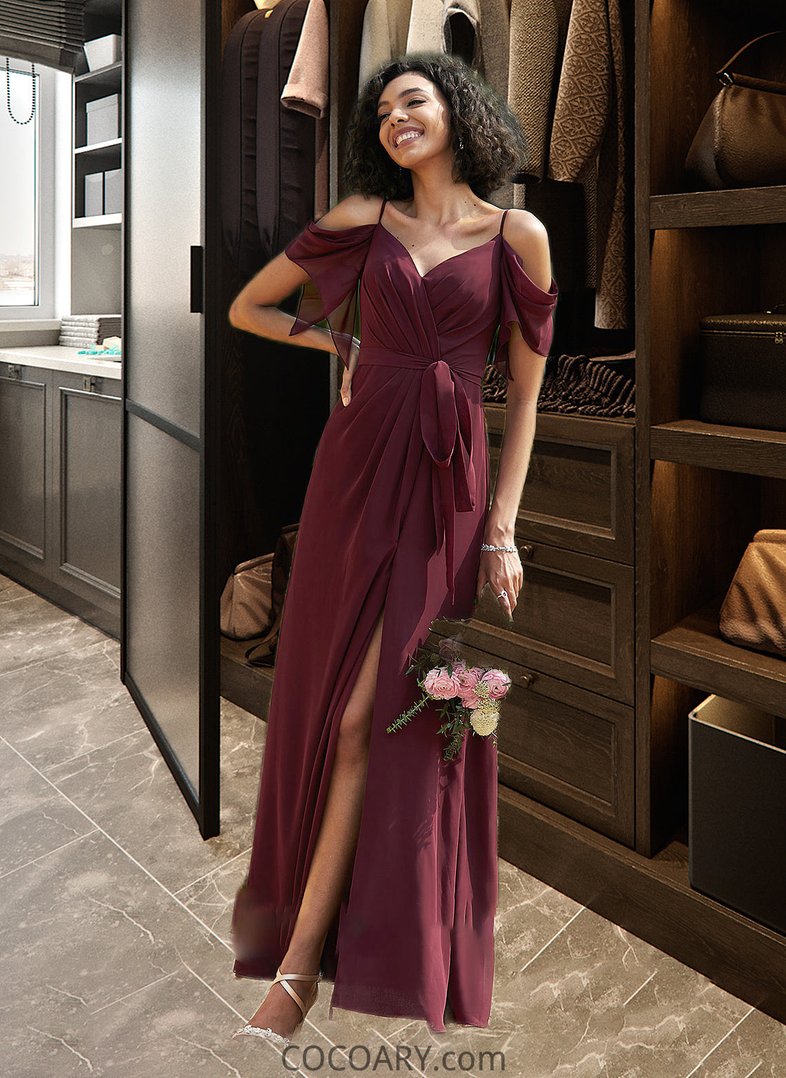 Vivian A-Line V-neck Floor-Length Bridesmaid Dress With Ruffle Split Front DA8P0012772