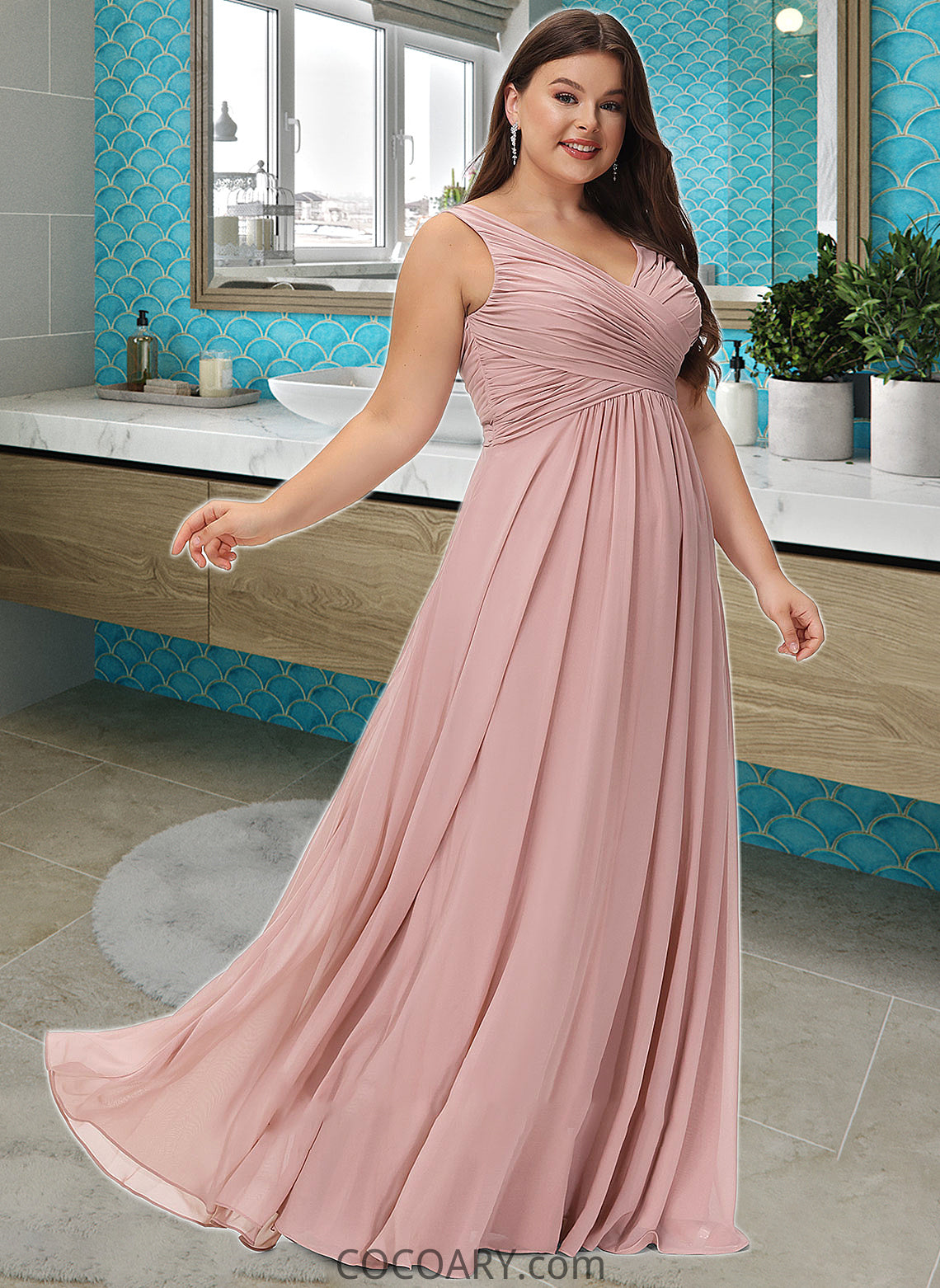 Emily A-Line V-neck Floor-Length Chiffon Bridesmaid Dress With Ruffle DA8P0012774