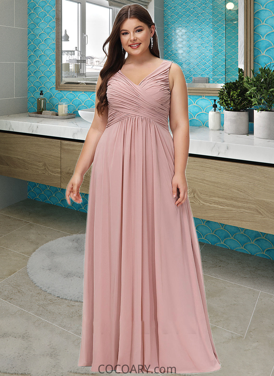 Emily A-Line V-neck Floor-Length Chiffon Bridesmaid Dress With Ruffle DA8P0012774