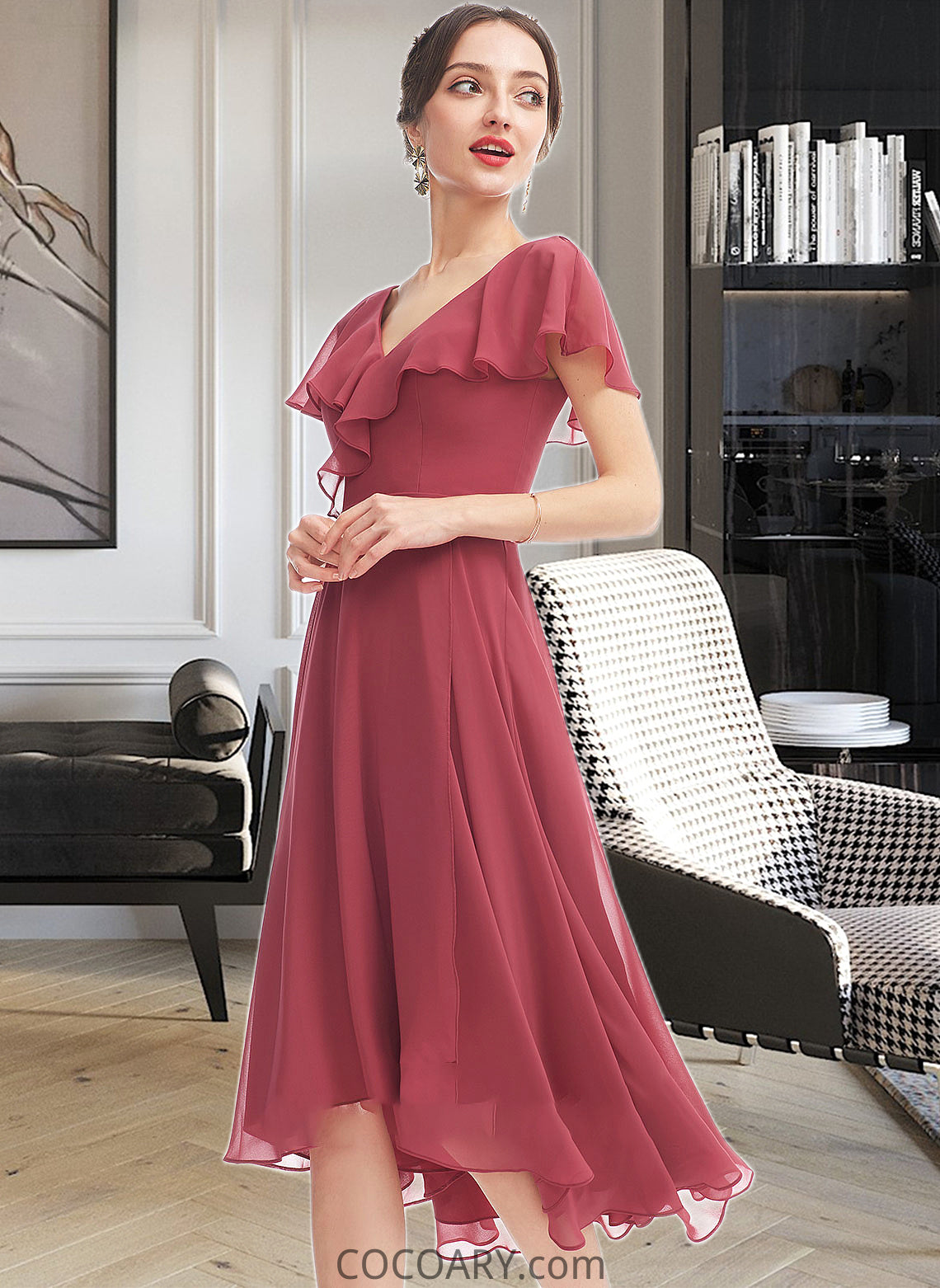 Akira A-Line V-neck Asymmetrical Bridesmaid Dress With Ruffle DA8P0012775