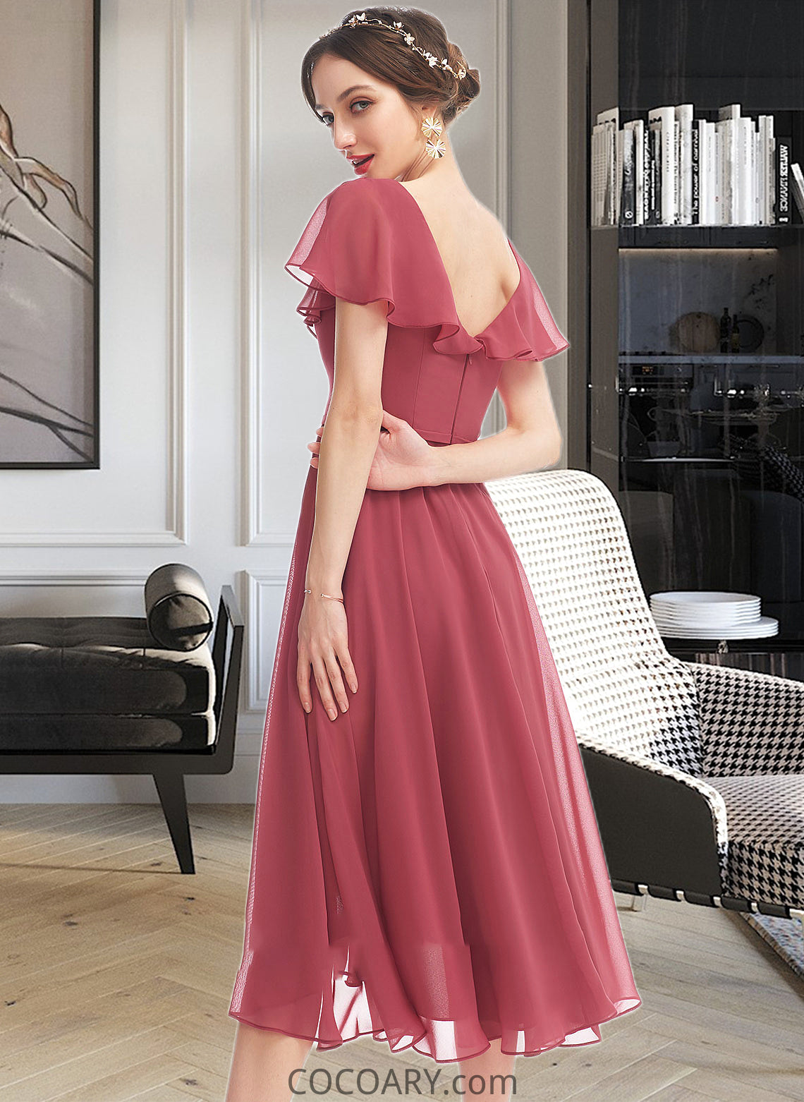 Akira A-Line V-neck Asymmetrical Bridesmaid Dress With Ruffle DA8P0012775