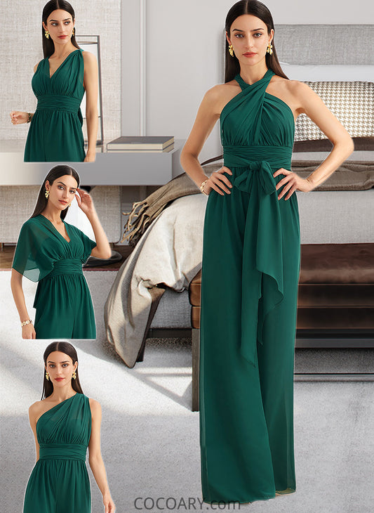 Phyllis Jumpsuit/Pantsuit One-Shoulder Halter V-neck High Neck Floor-Length Bridesmaid Dress With Ruffle DA8P0012777