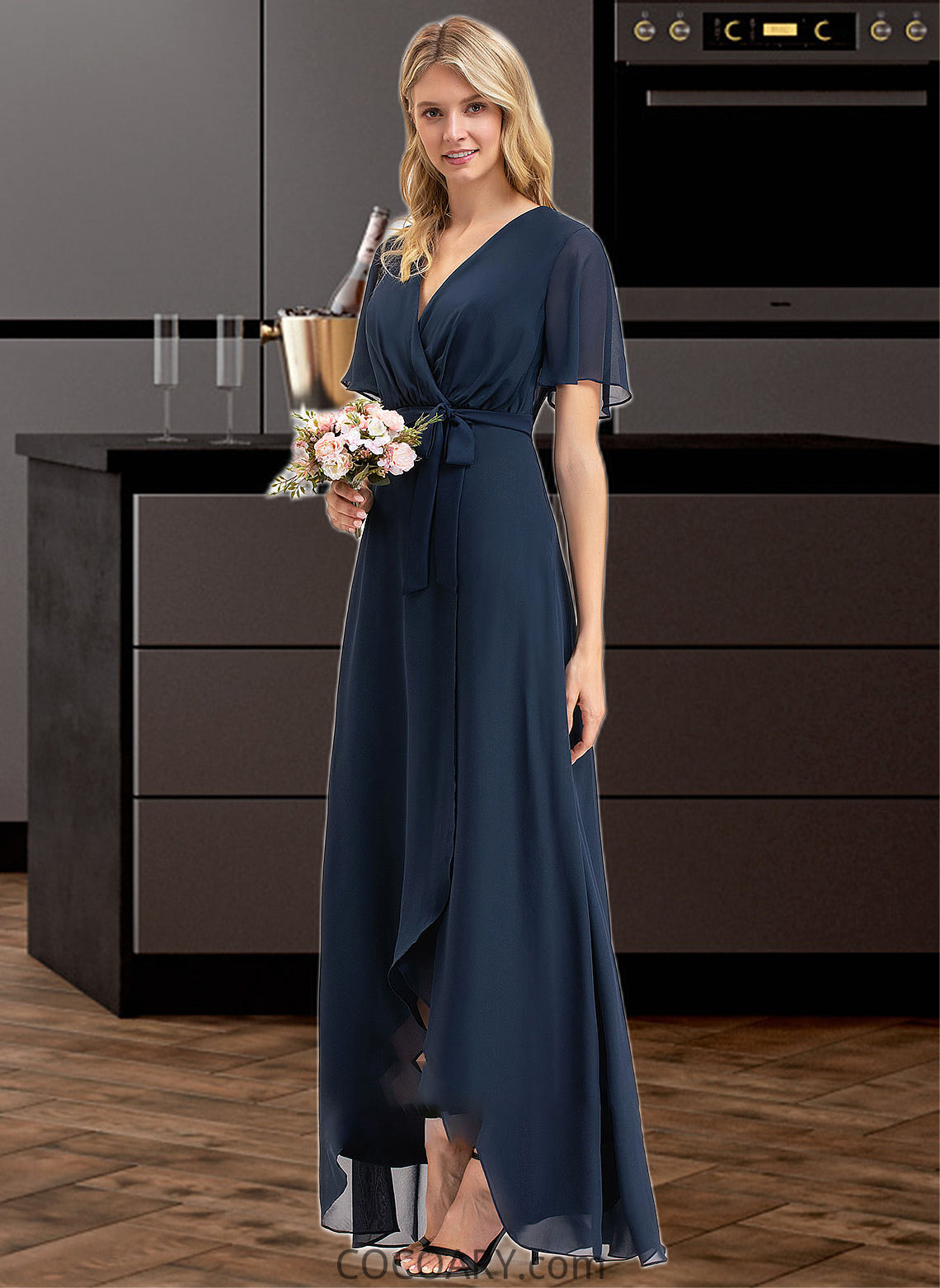 Salma A-Line V-neck Asymmetrical Chiffon Bridesmaid Dress With Bow(s) DA8P0012783