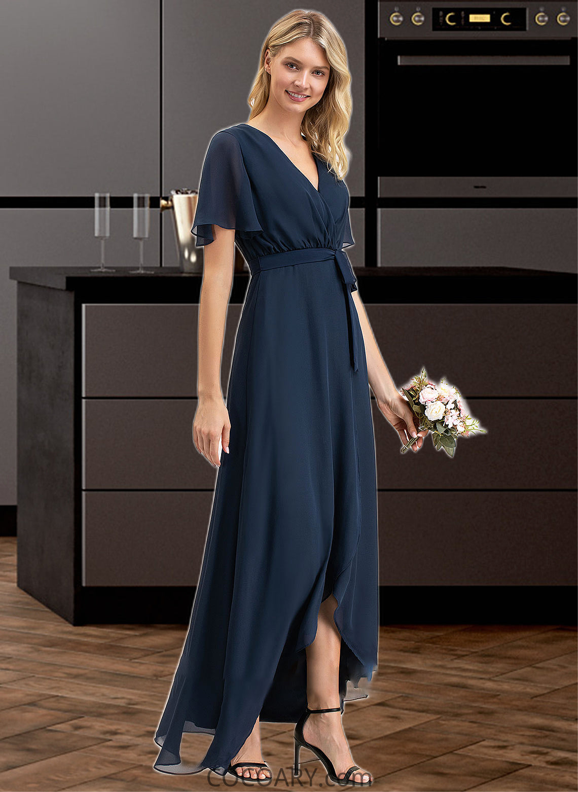 Salma A-Line V-neck Asymmetrical Chiffon Bridesmaid Dress With Bow(s) DA8P0012783