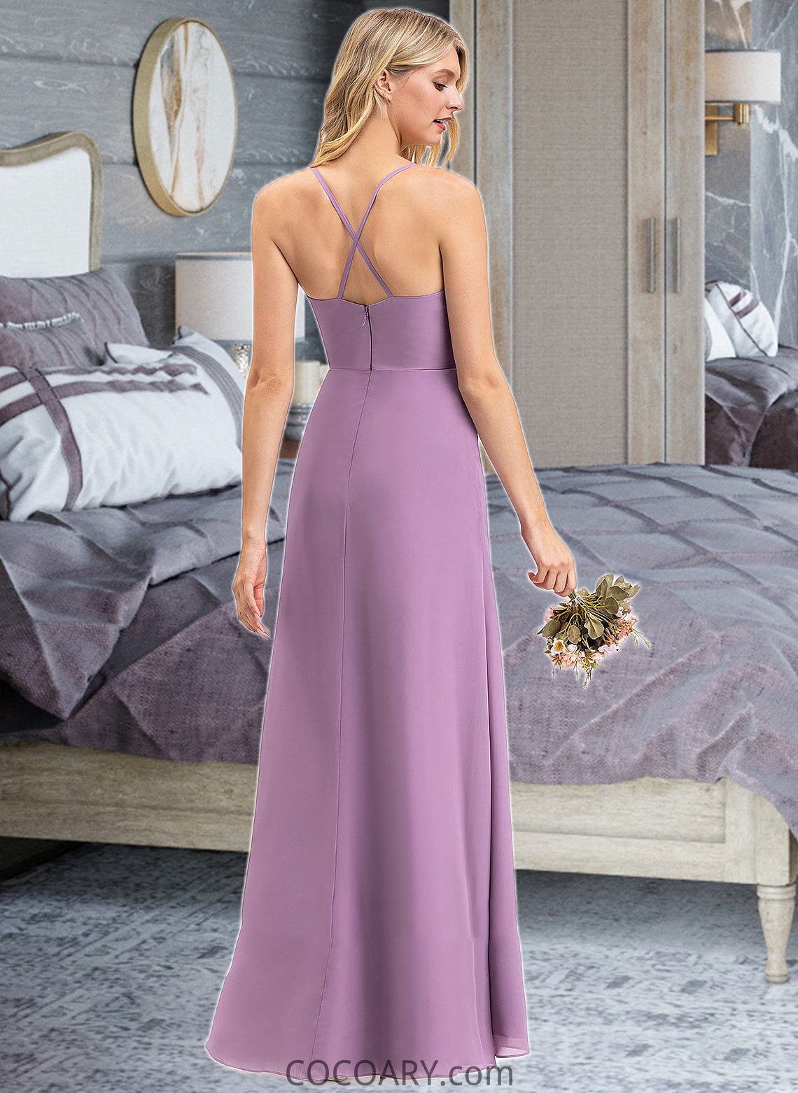 Frida A-Line V-neck Floor-Length Chiffon Bridesmaid Dress With Ruffle Split Front DA8P0012784