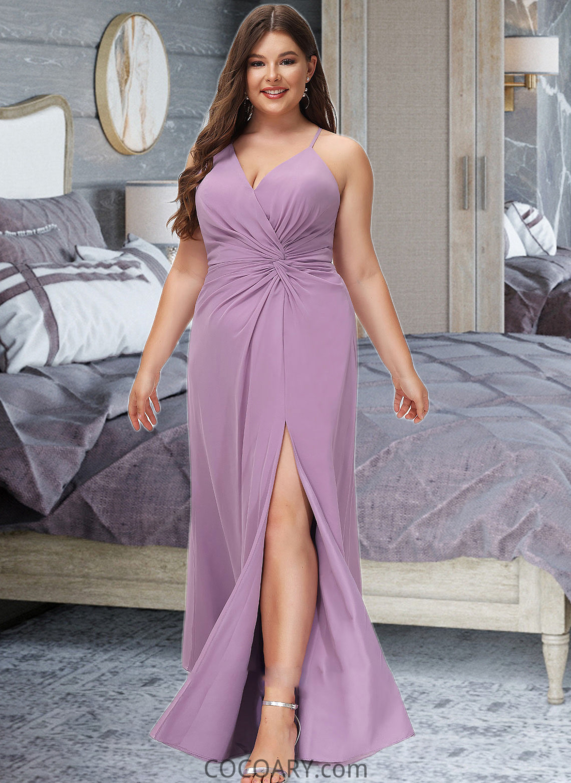 Frida A-Line V-neck Floor-Length Chiffon Bridesmaid Dress With Ruffle Split Front DA8P0012784