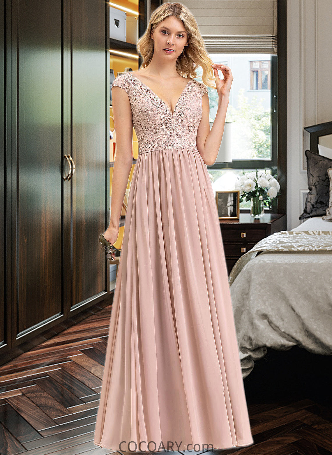 Deja A-line V-Neck Floor-Length Chiffon Lace Bridesmaid Dress DA8P0012786