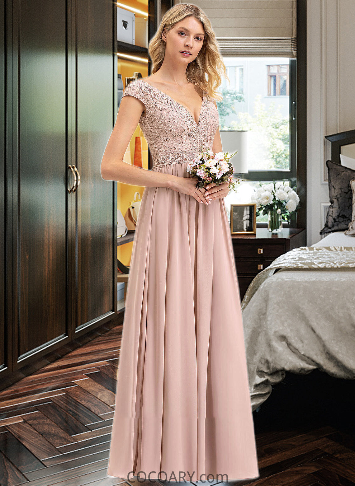 Deja A-line V-Neck Floor-Length Chiffon Lace Bridesmaid Dress DA8P0012786