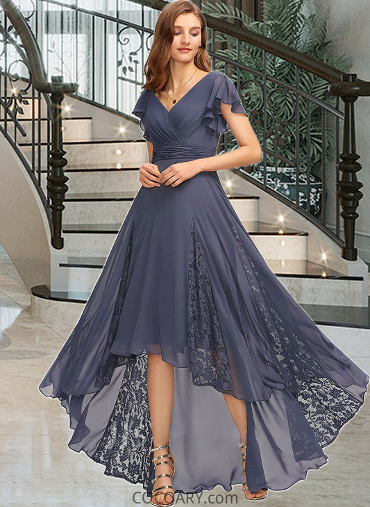 Sherry A-Line V-neck Asymmetrical Chiffon Bridesmaid Dress With Ruffle Lace DA8P0012788