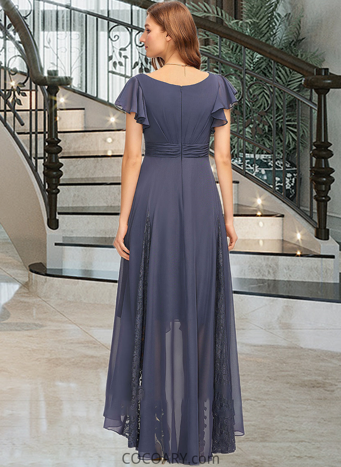 Sherry A-Line V-neck Asymmetrical Chiffon Bridesmaid Dress With Ruffle Lace DA8P0012788