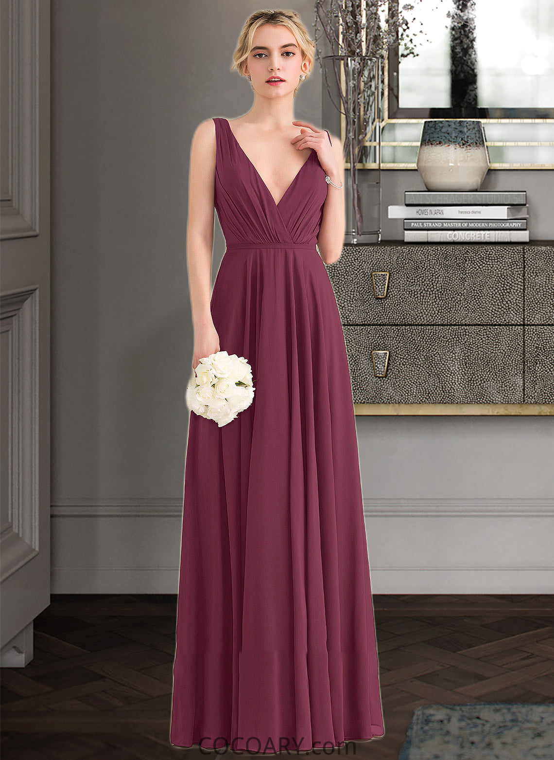 Silvia A-Line V-neck Floor-Length Chiffon Bridesmaid Dress With Ruffle DA8P0012789