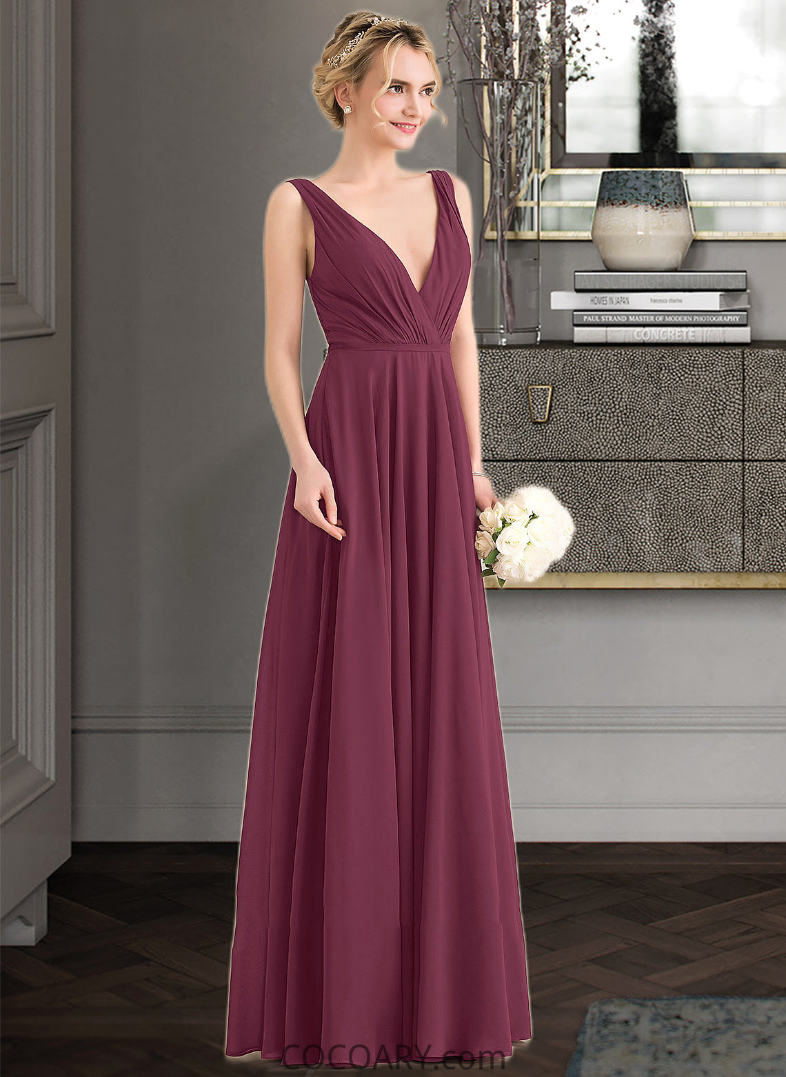 Silvia A-Line V-neck Floor-Length Chiffon Bridesmaid Dress With Ruffle DA8P0012789