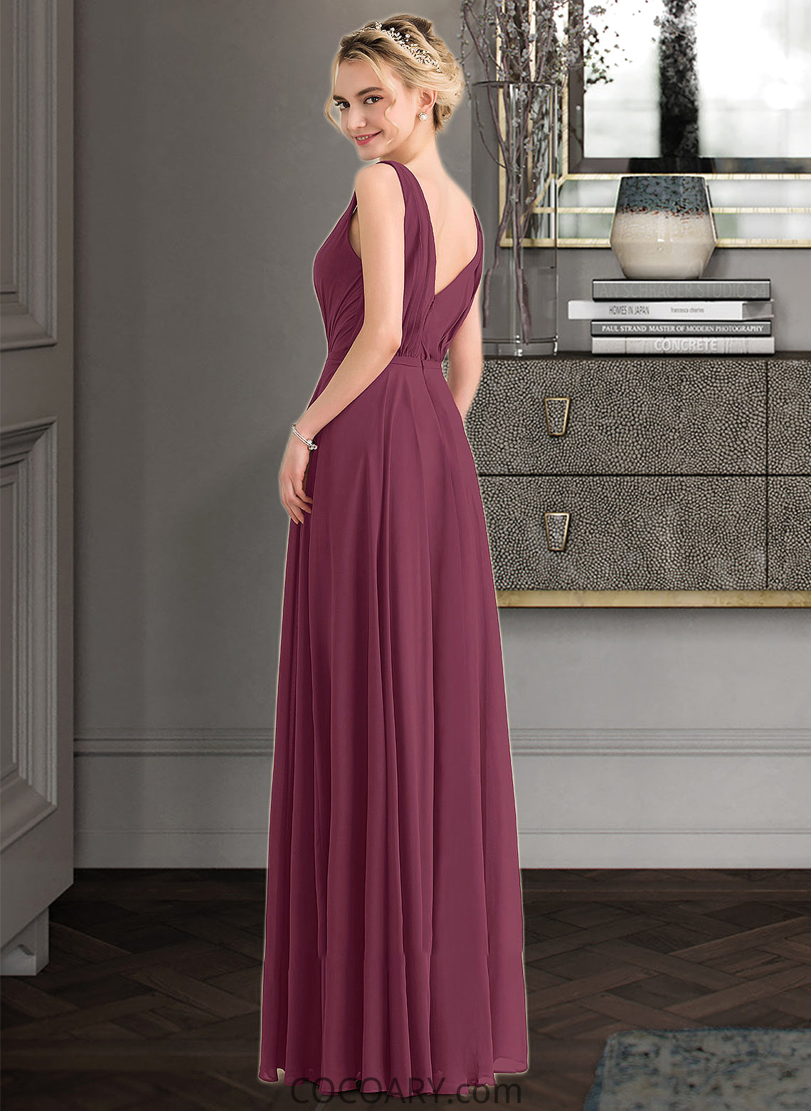 Silvia A-Line V-neck Floor-Length Chiffon Bridesmaid Dress With Ruffle DA8P0012789