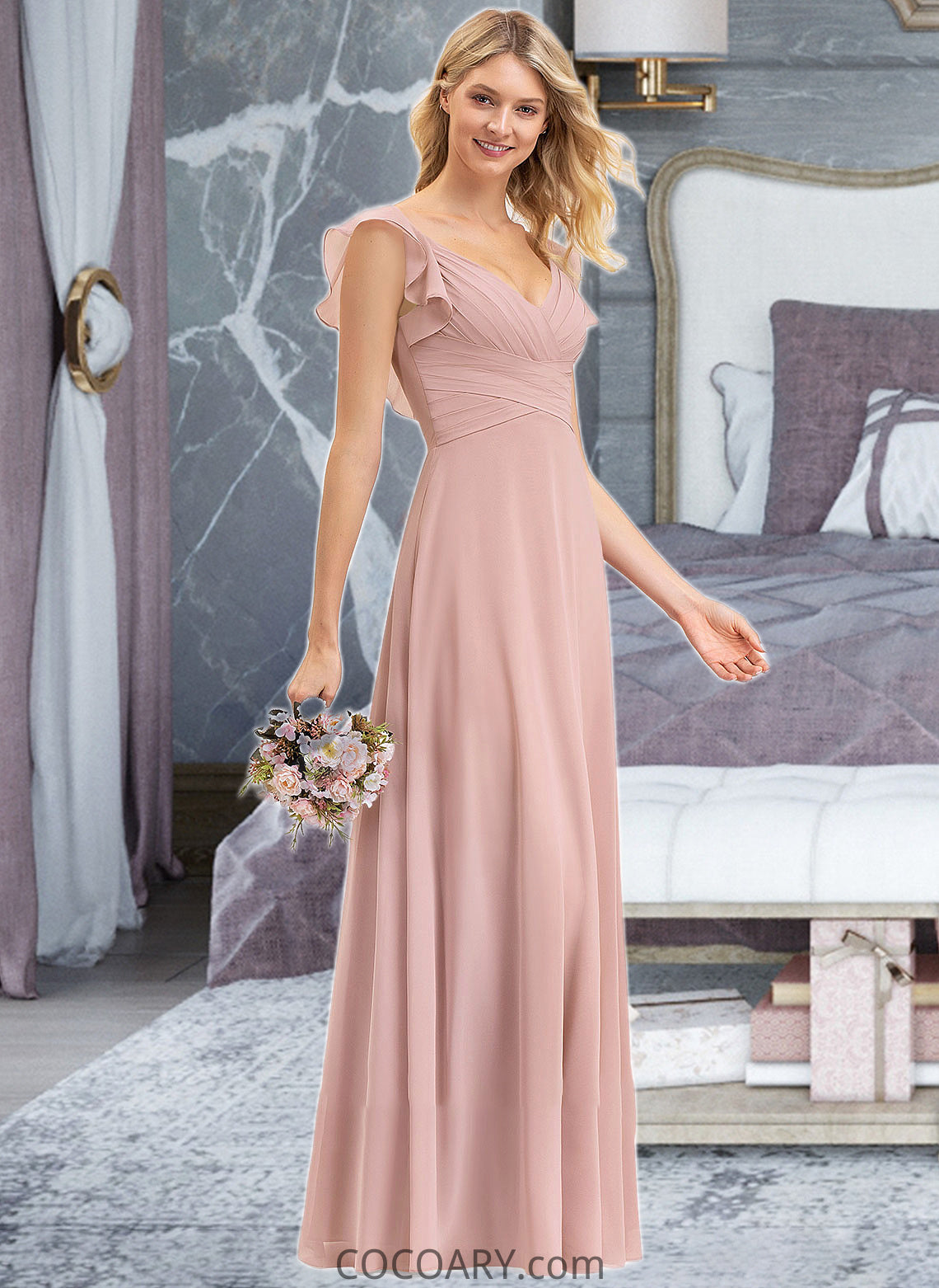 Cristal Empire V-Neck Floor-Length Chiffon Bridesmaid Dress With Cascading Ruffles DA8P0012790