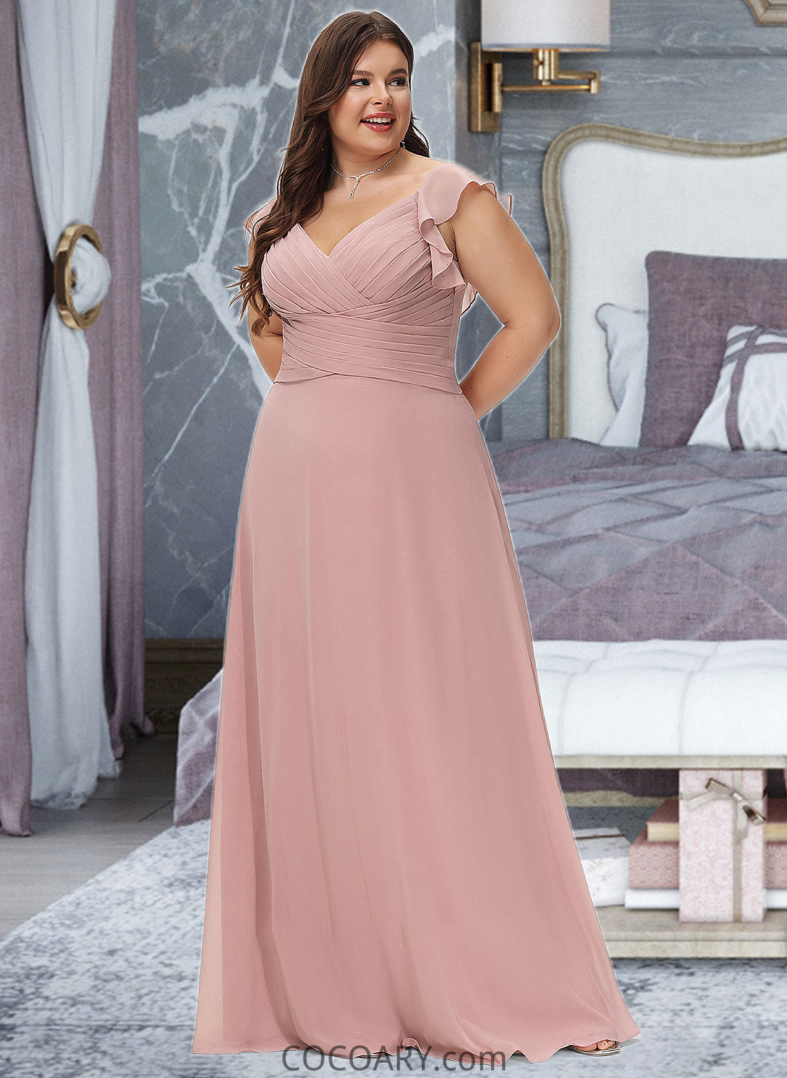 Cristal Empire V-Neck Floor-Length Chiffon Bridesmaid Dress With Cascading Ruffles DA8P0012790