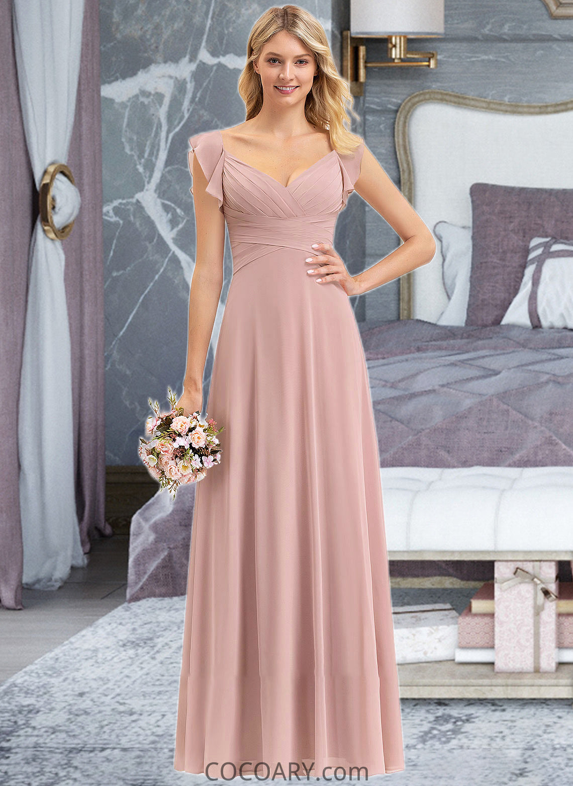 Cristal Empire V-Neck Floor-Length Chiffon Bridesmaid Dress With Cascading Ruffles DA8P0012790