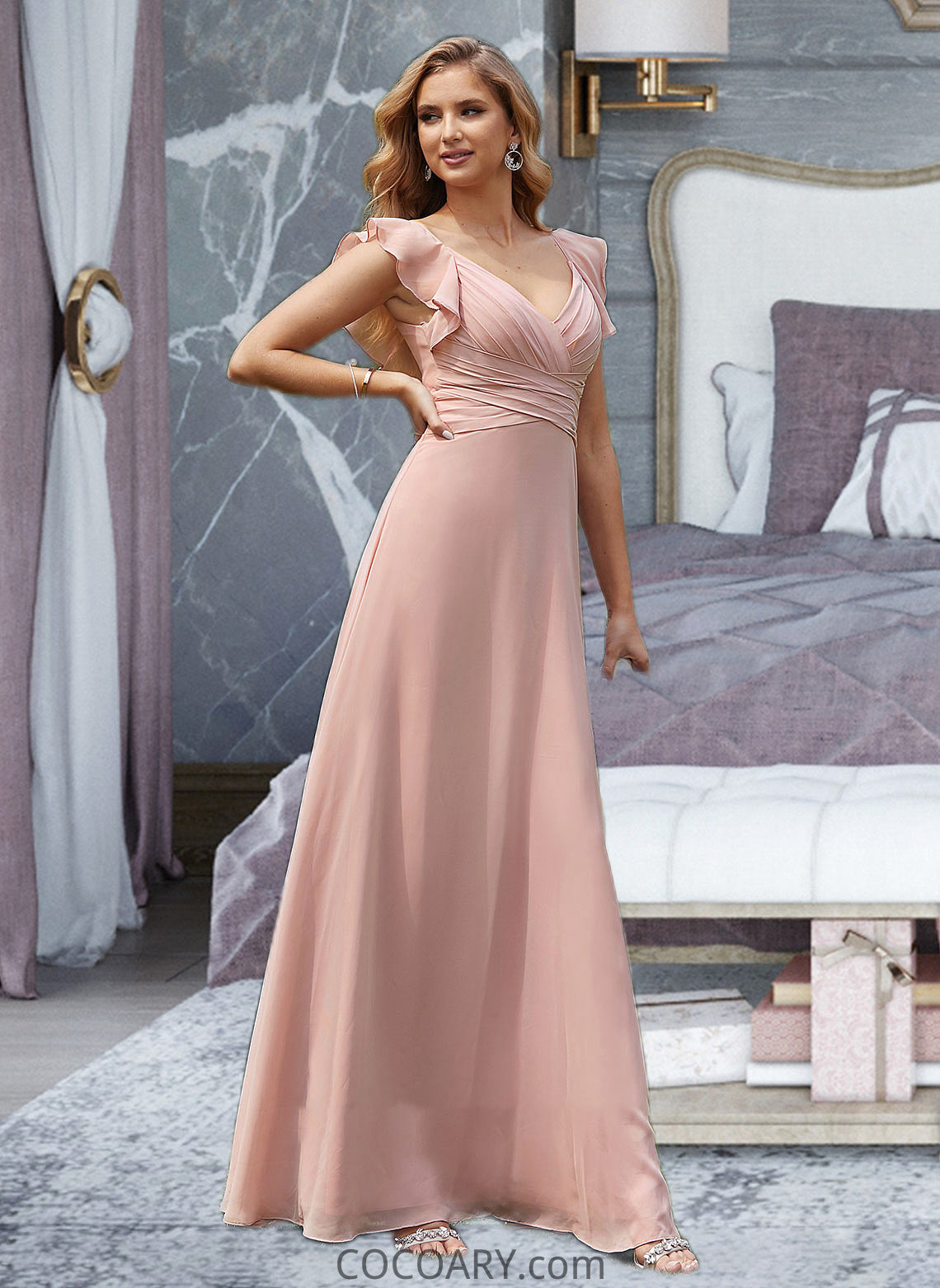 Cristal Empire V-Neck Floor-Length Chiffon Bridesmaid Dress With Cascading Ruffles DA8P0012790