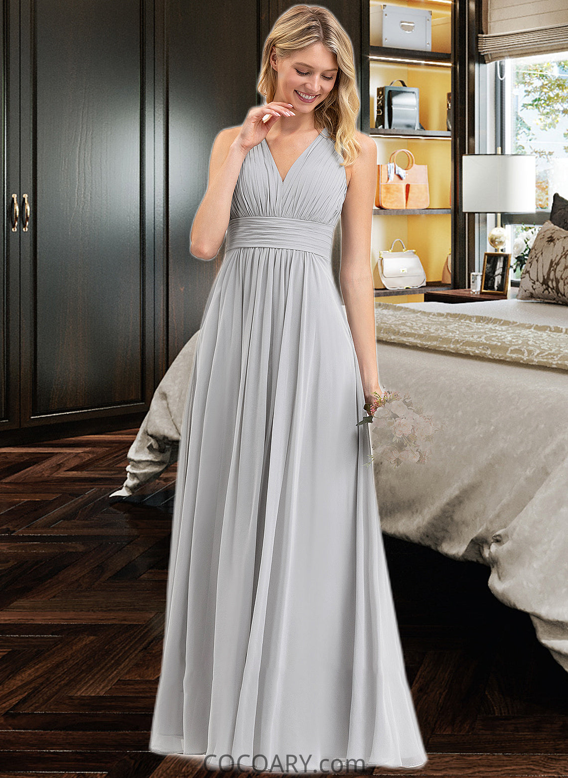 Priscilla A-Line V-neck Floor-Length Chiffon Bridesmaid Dress With Ruffle Bow(s) Pockets DA8P0012797