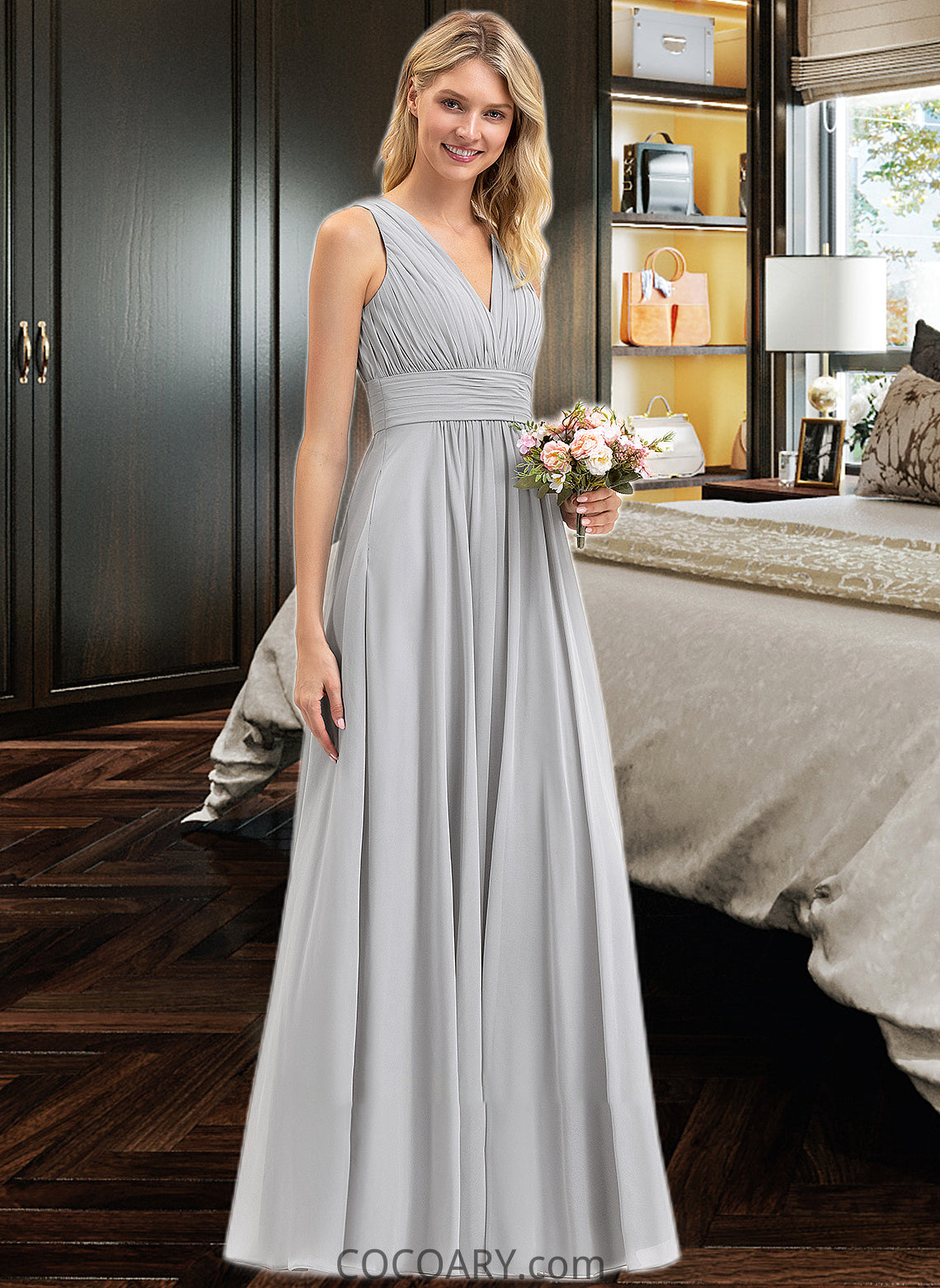 Priscilla A-Line V-neck Floor-Length Chiffon Bridesmaid Dress With Ruffle Bow(s) Pockets DA8P0012797