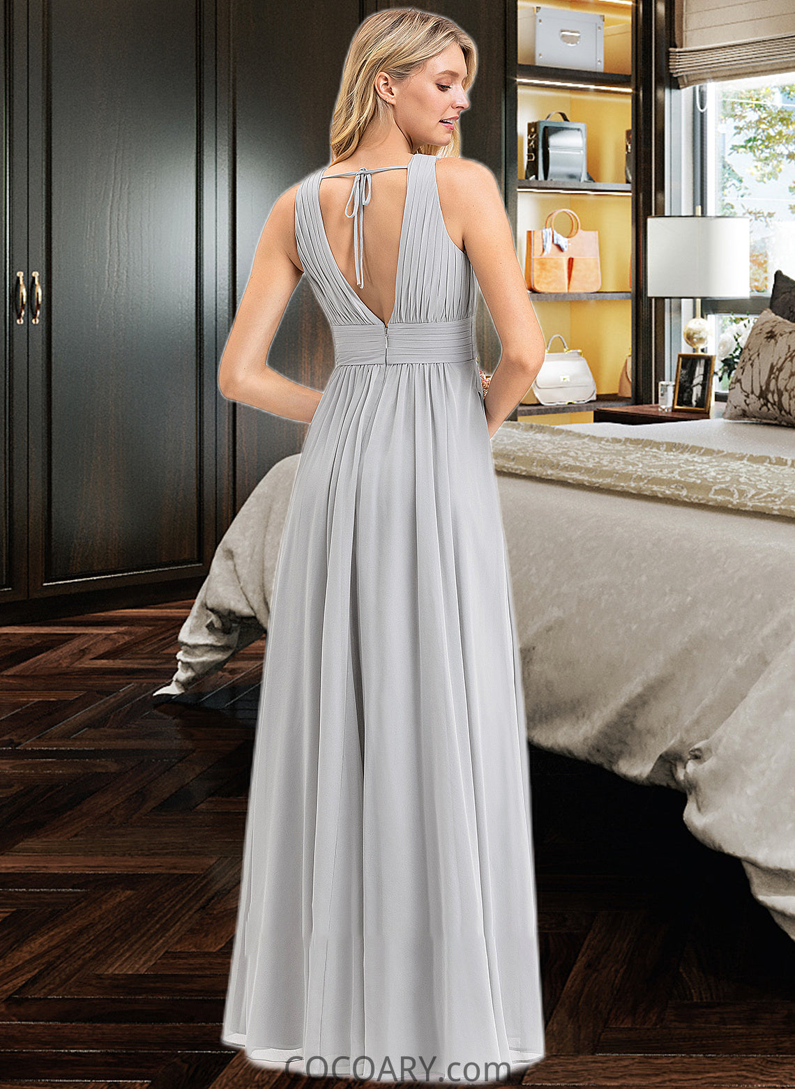 Priscilla A-Line V-neck Floor-Length Chiffon Bridesmaid Dress With Ruffle Bow(s) Pockets DA8P0012797