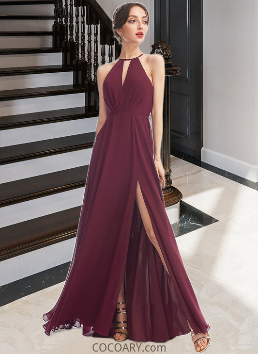 Scarlet A-Line Halter Floor-Length Bridesmaid Dress With Split Front DA8P0012798