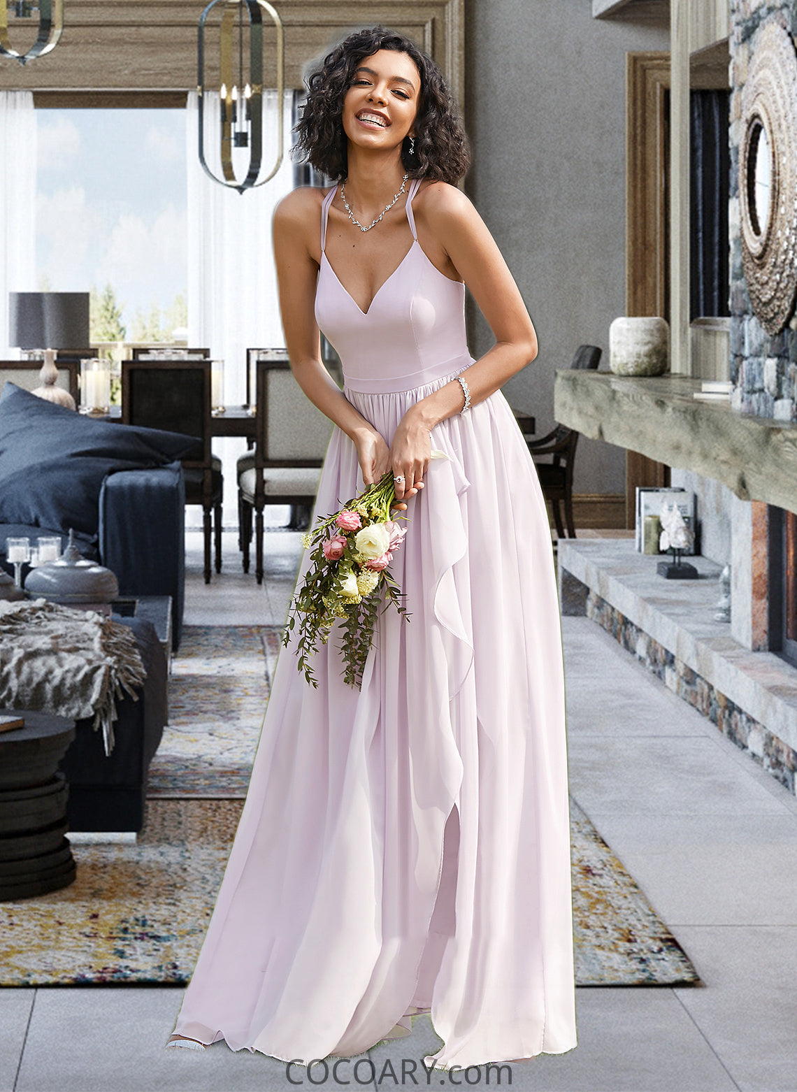 Leyla A-Line V-neck Asymmetrical Bridesmaid Dress With Ruffle Split Front DA8P0012799