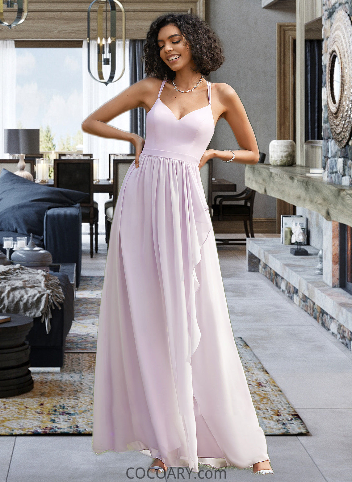 Leyla A-Line V-neck Asymmetrical Bridesmaid Dress With Ruffle Split Front DA8P0012799