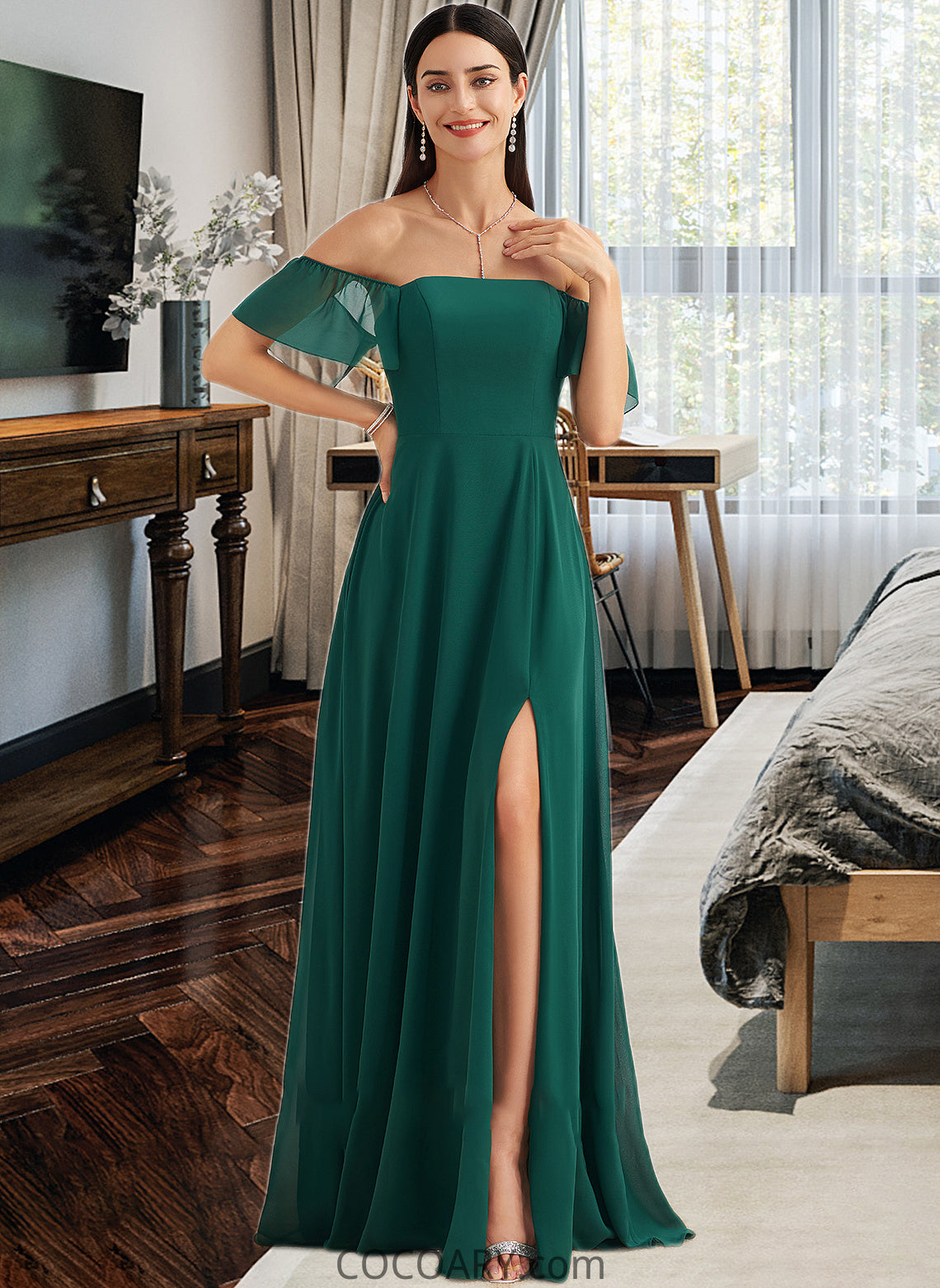 Alani A-Line Off-the-Shoulder Floor-Length Bridesmaid Dress With Split Front DA8P0012802