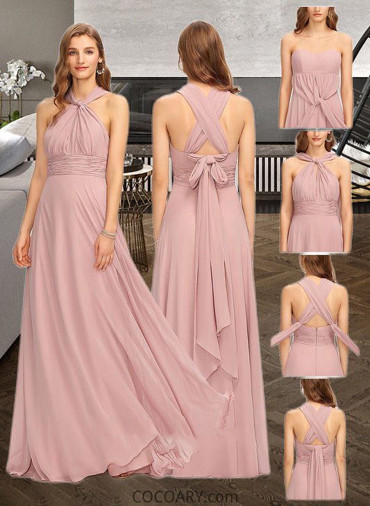 Victoria A-Line One-Shoulder Halter V-neck Floor-Length Chiffon Bridesmaid Dress With Ruffle DA8P0012813