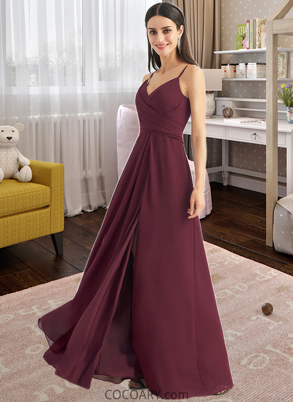 Luna A-Line V-neck Floor-Length Bridesmaid Dress With Ruffle Split Front DA8P0012815