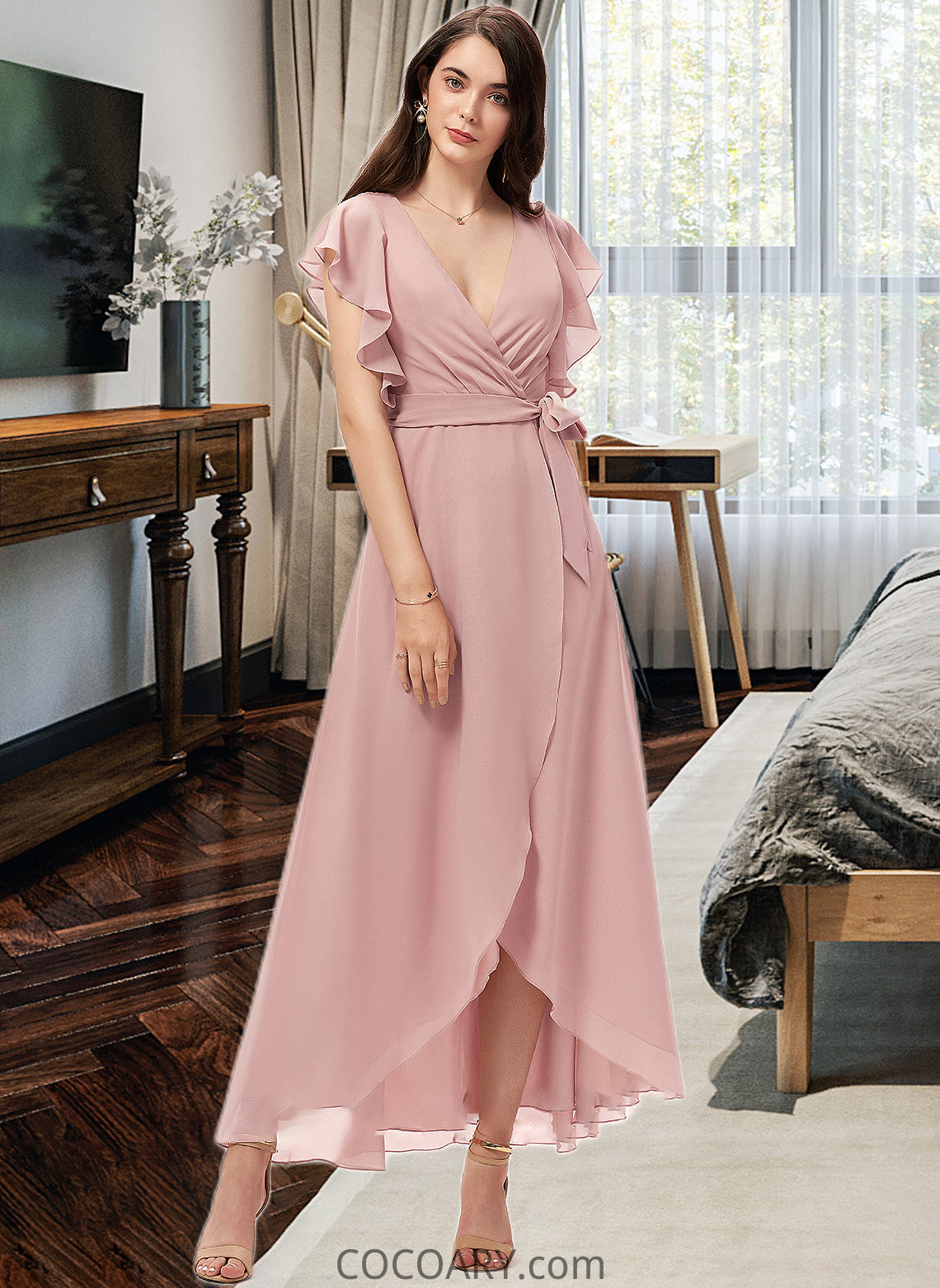 Karlie A-line V-Neck Asymmetrical Chiffon Bridesmaid Dress With Ruffle DA8P0012818