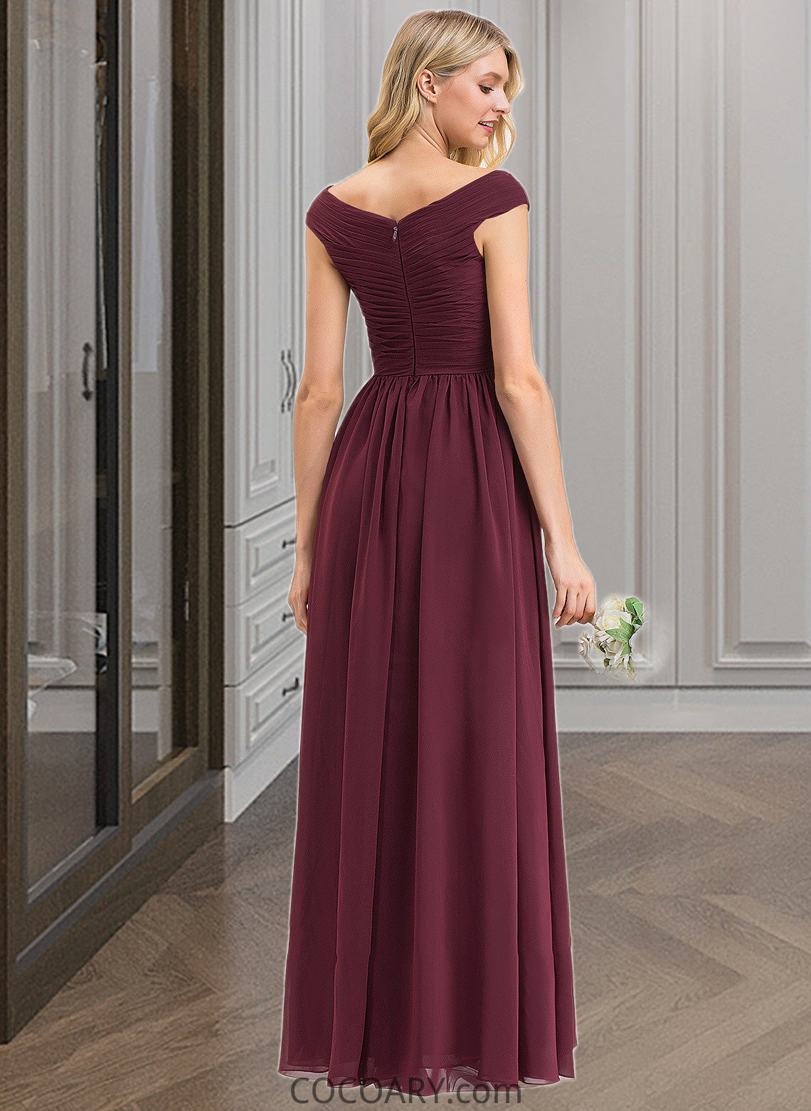 Malia A-Line Off-the-Shoulder Floor-Length Chiffon Bridesmaid Dress With Ruffle Split Front Pockets DA8P0012819