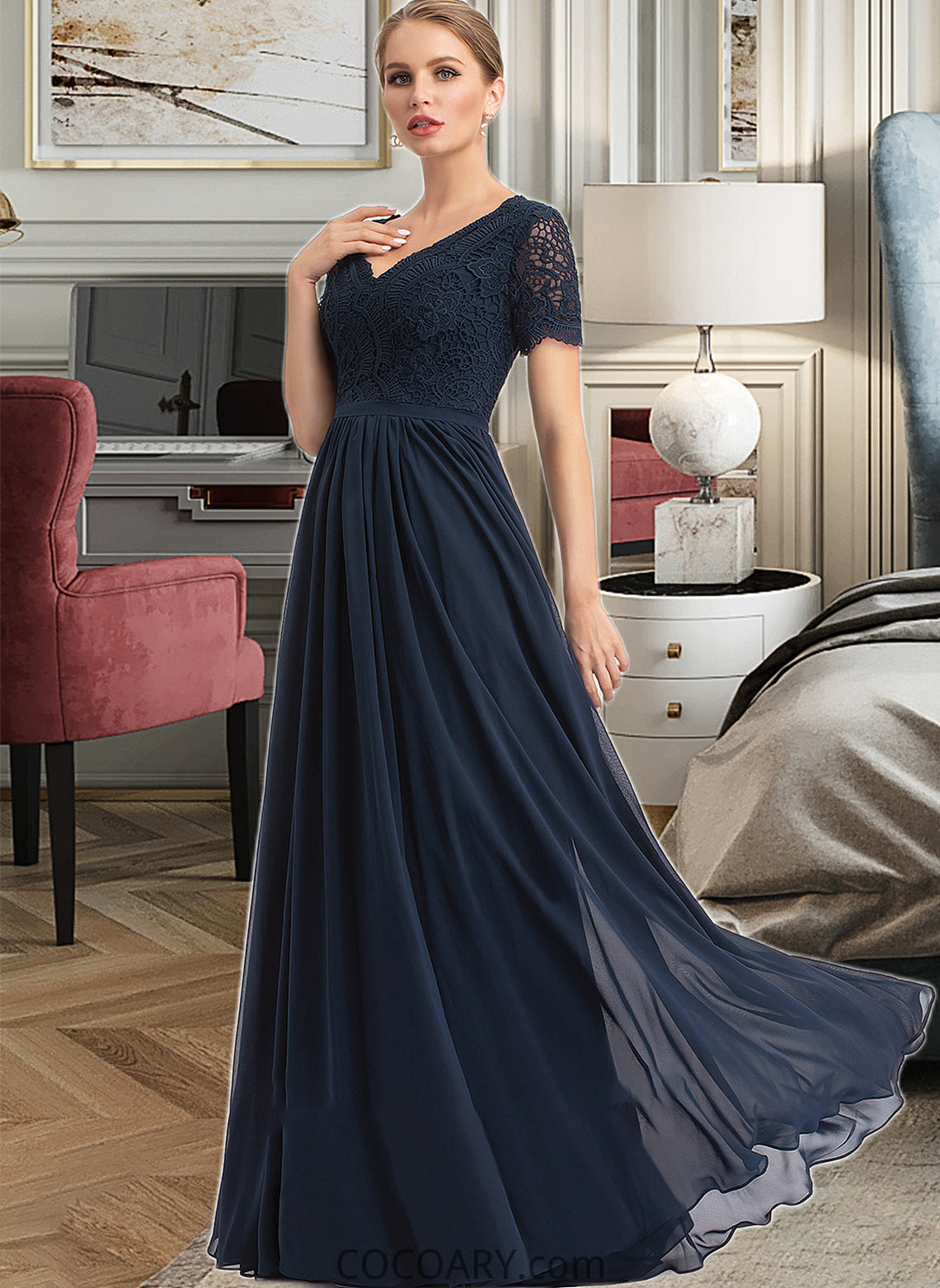 Anika A-Line V-neck Floor-Length Chiffon Bridesmaid Dress DA8P0012821