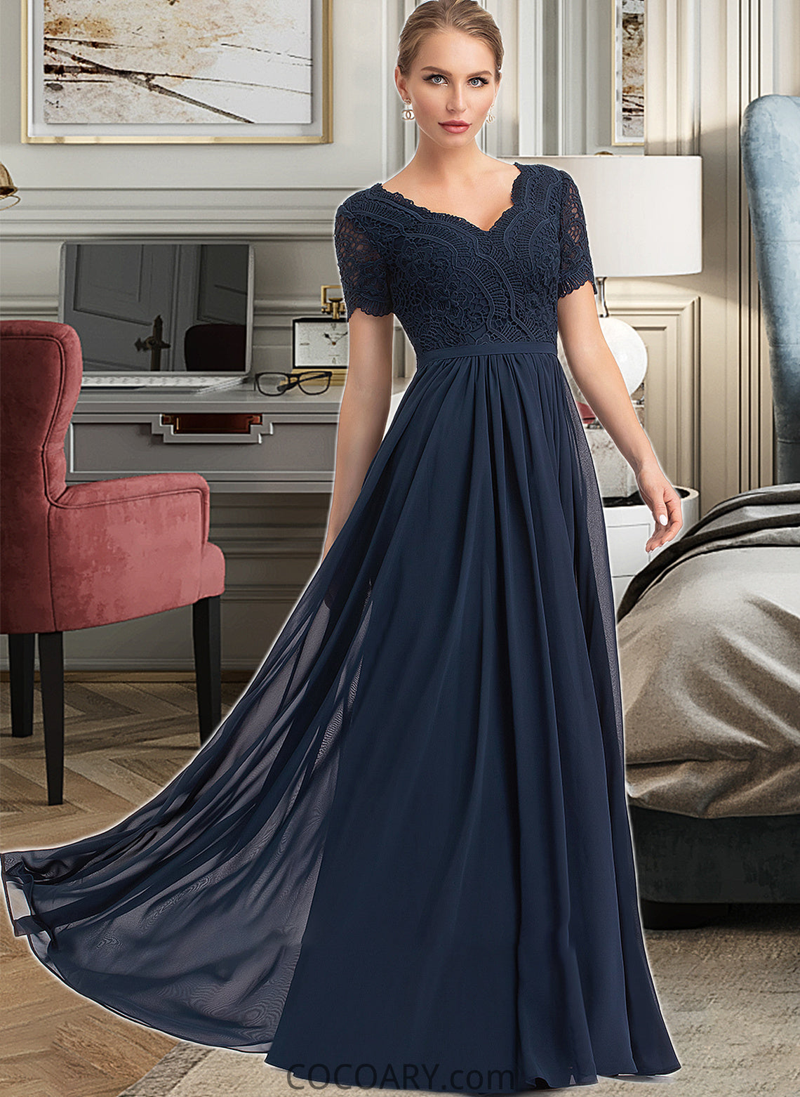 Anika A-Line V-neck Floor-Length Chiffon Bridesmaid Dress DA8P0012821