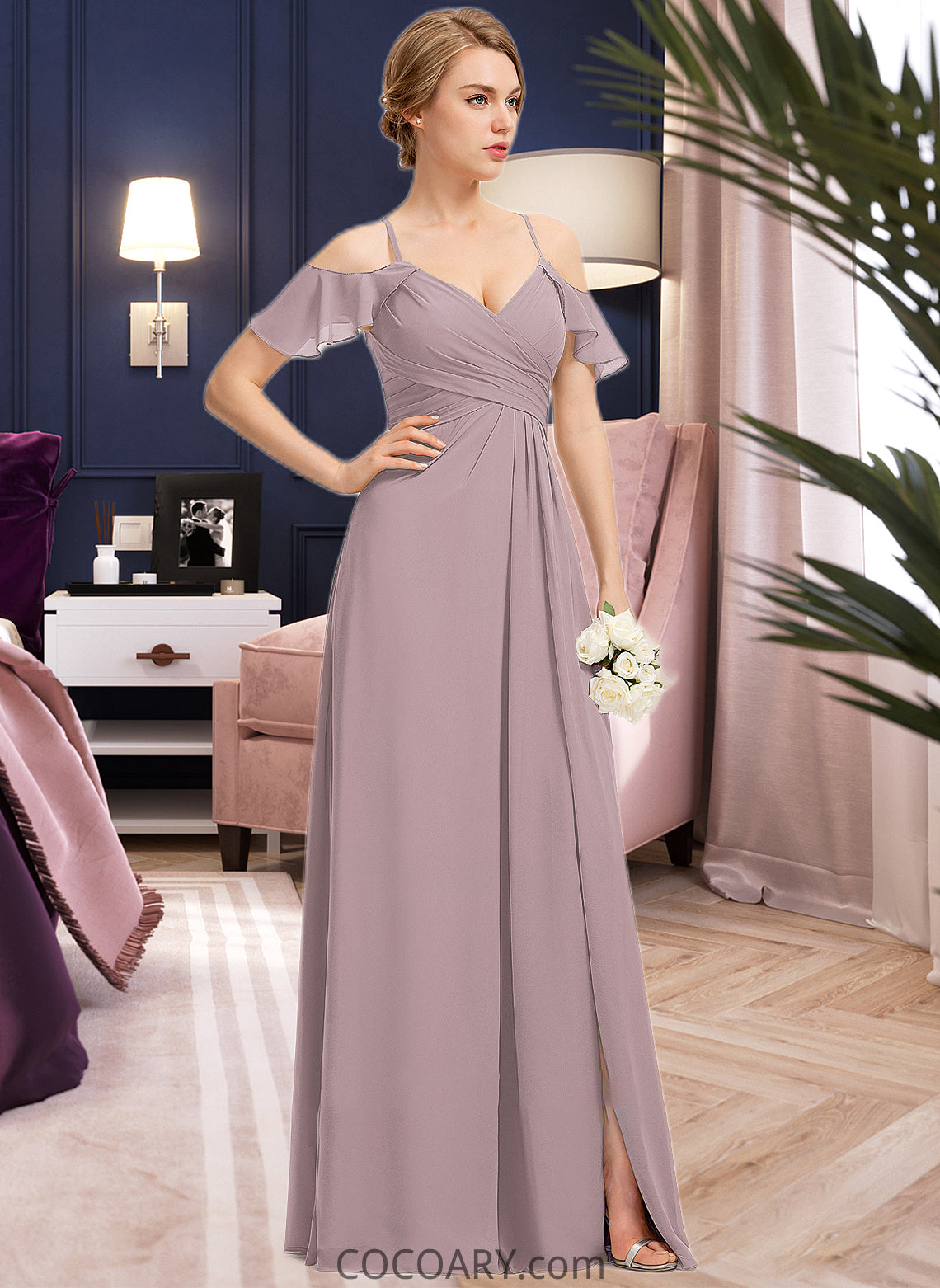 Winnie A-Line V-neck Floor-Length Chiffon Bridesmaid Dress With Ruffle Split Front Cascading Ruffles DA8P0012822