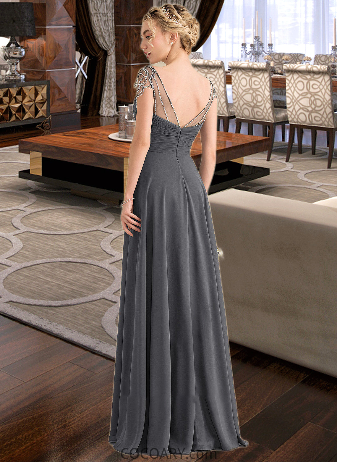 Summer A-Line V-neck Floor-Length Chiffon Bridesmaid Dress With Ruffle Beading Sequins DA8P0012823