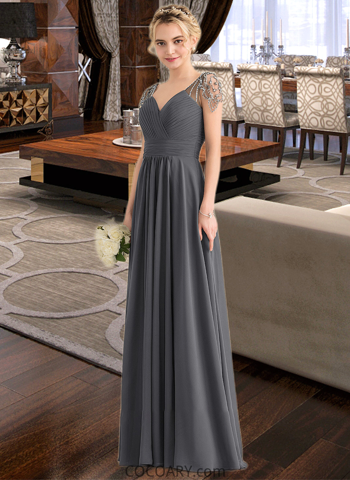 Summer A-Line V-neck Floor-Length Chiffon Bridesmaid Dress With Ruffle Beading Sequins DA8P0012823