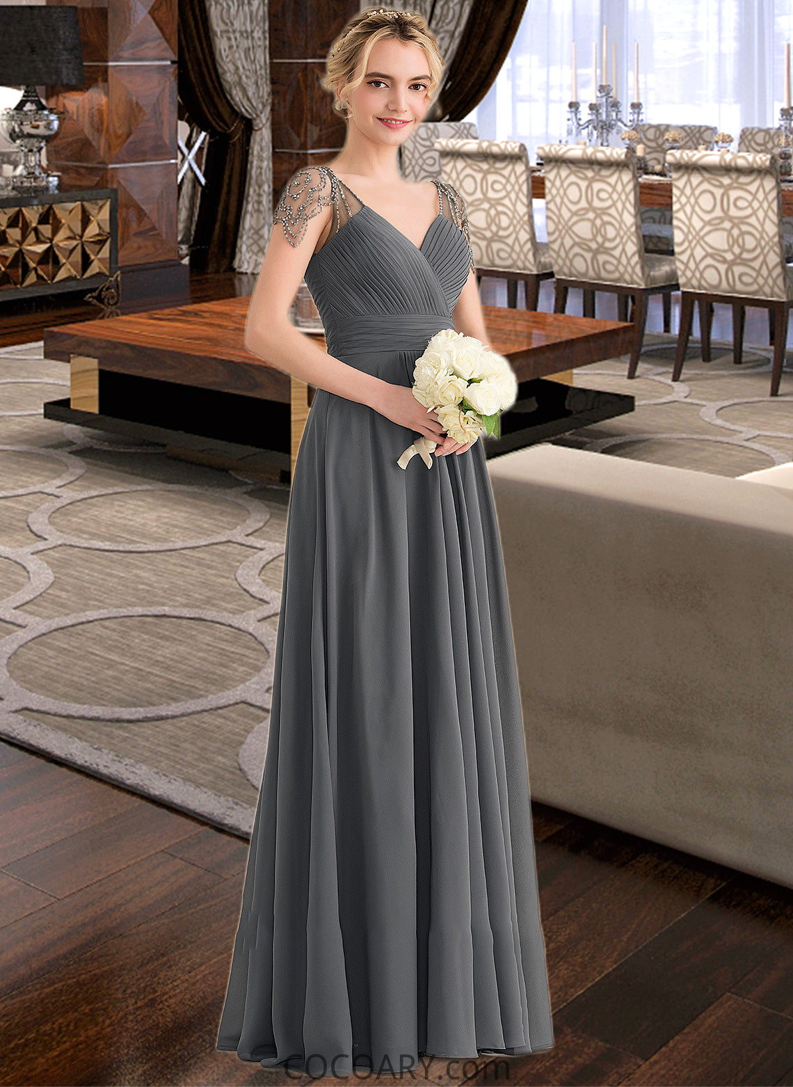 Summer A-Line V-neck Floor-Length Chiffon Bridesmaid Dress With Ruffle Beading Sequins DA8P0012823