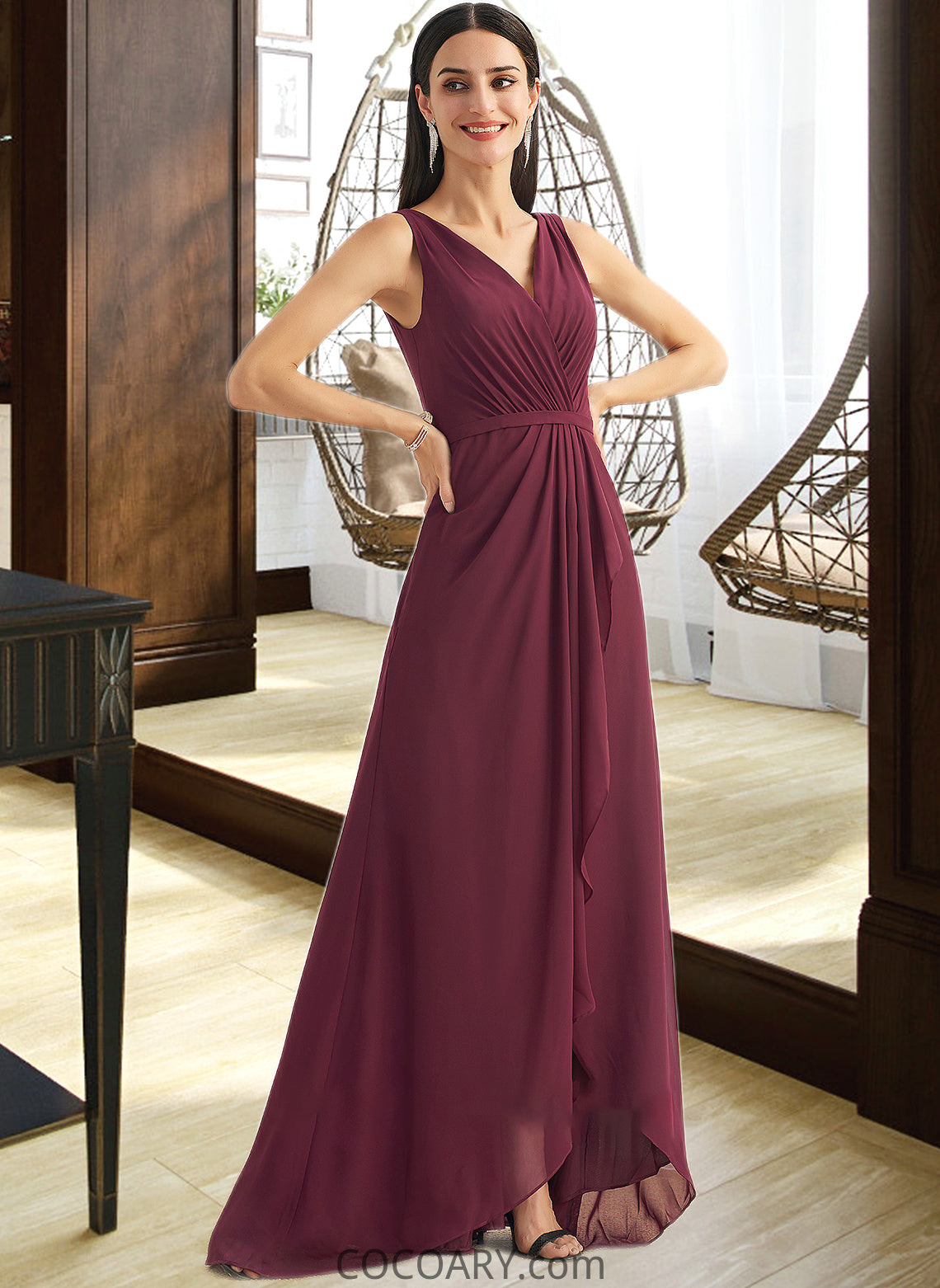 Jaycee A-Line V-neck Asymmetrical Bridesmaid Dress With Split Front DA8P0012824