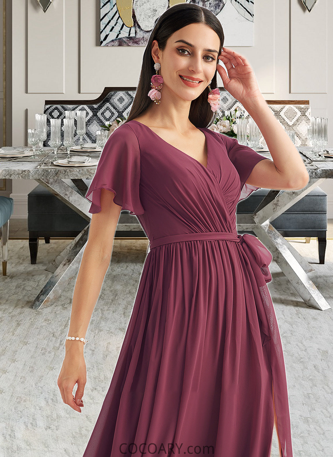 Katharine A-Line V-neck Floor-Length Bridesmaid Dress With Split Front DA8P0012829