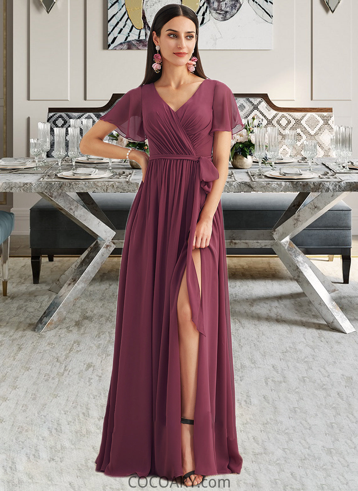 Katharine A-Line V-neck Floor-Length Bridesmaid Dress With Split Front DA8P0012829